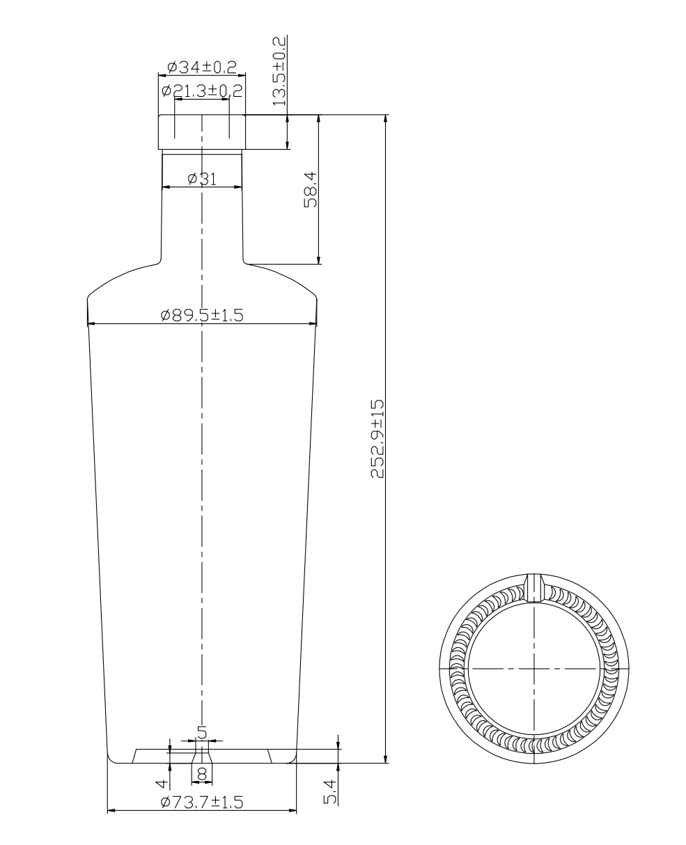 Bottle technical drawing with height, neck and base diameters, tolerances and cork finish.