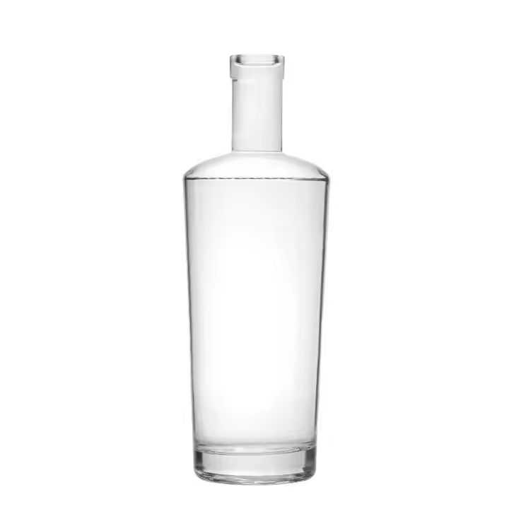 Clear sample bottle with long neck, rounded shoulder and thick base; cork finish prototype.