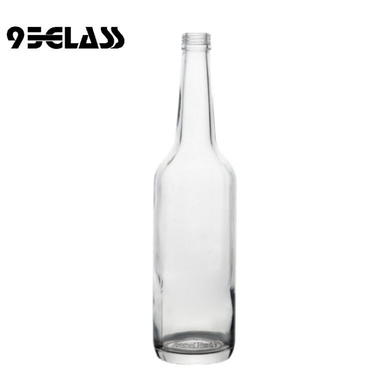 Tall clear round liquor bottle with long neck and classic smooth body for premium spirits.