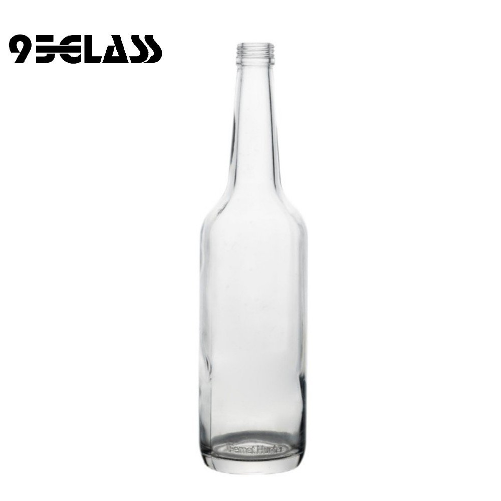 Tall clear round liquor bottle with long neck and classic smooth body for premium spirits.