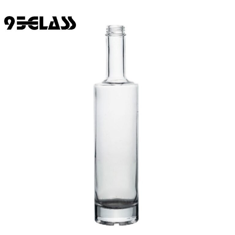 Tall crystal-clear round alcohol bottle – perfect for whiskey, vodka, gin, and spirits.