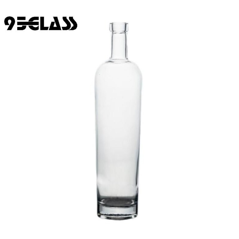 Tall round crystal-clear glass bottle – liquor bottle manufacturers for whiskey, vodka, gin, and premium spirits.