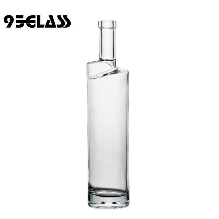 Tall crystal-clear glass bottle with modern slanted neck – ideal personalized liquor bottle for premium spirits.