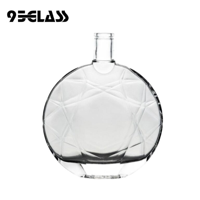 1000ml clear round geometric flat mouth spirit bottle with decorative pattern, ideal for premium liquor packaging.