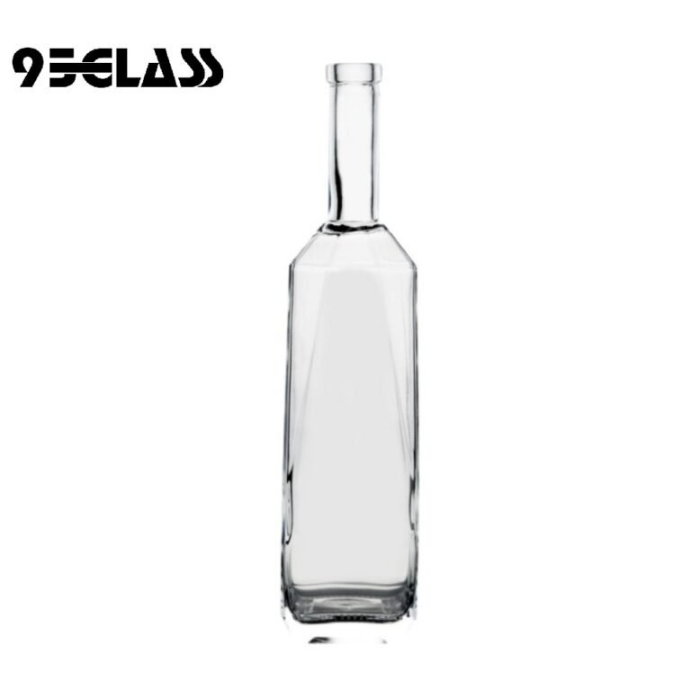 Tall square liquor bottle with slim long neck and heavy base
