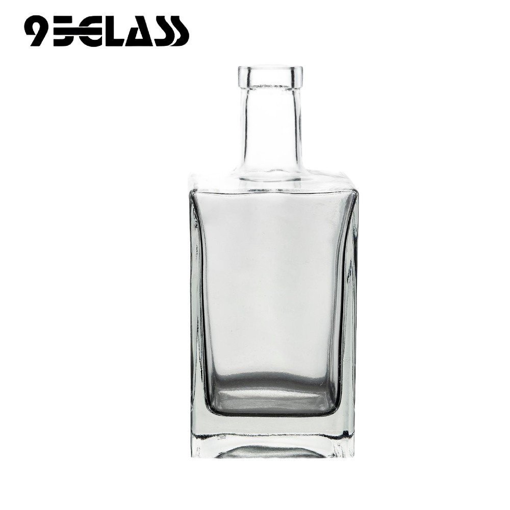 500ml clear square thick base flat mouth spirit bottle, ideal for premium liquor packaging.