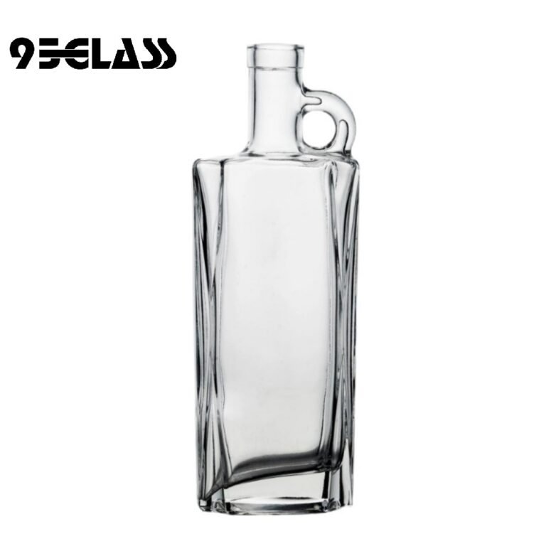 Rectangular crystal-clear glass bottle with side handle – personalized liquor bottle for whiskey, vodka, and spirits.