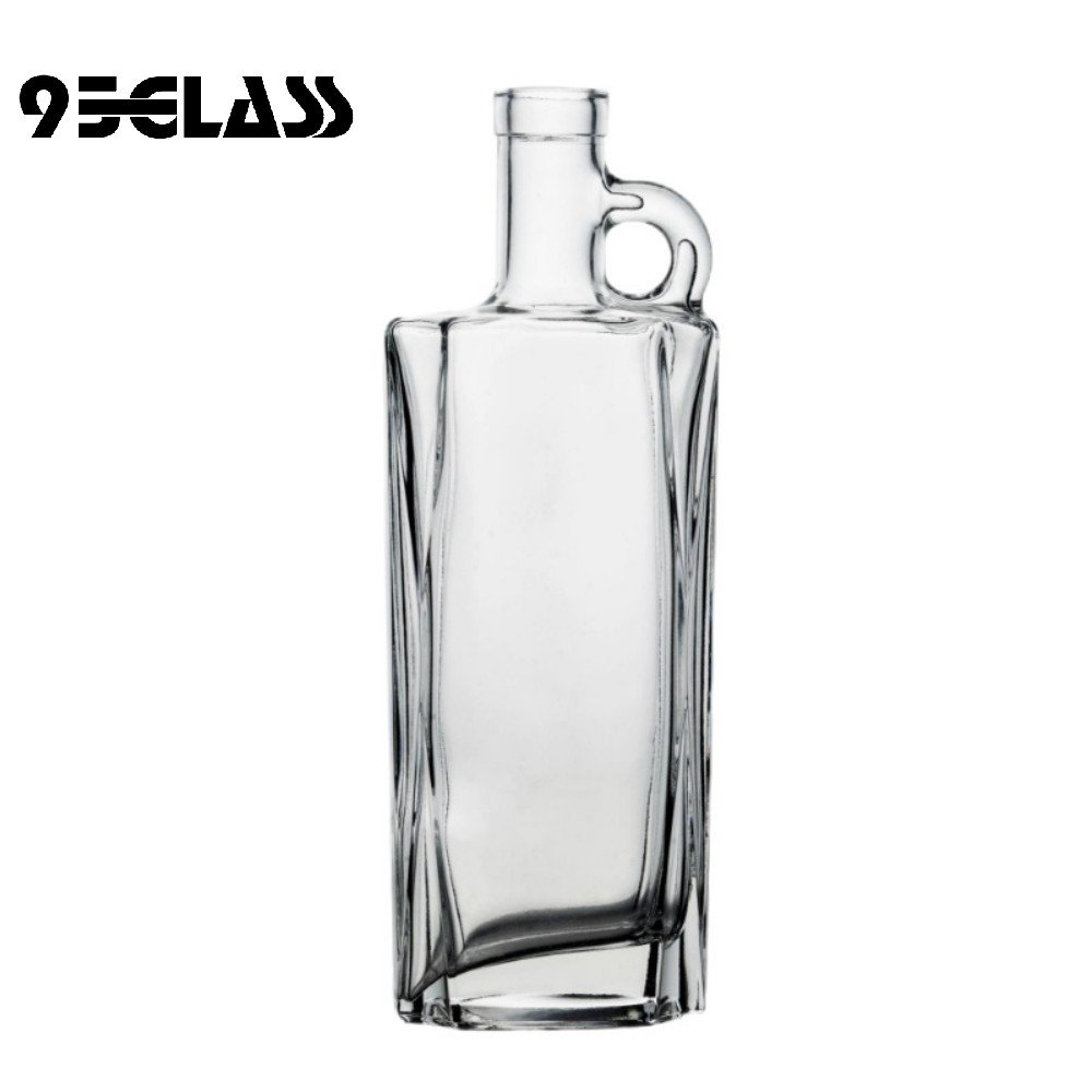 Rectangular crystal-clear glass bottle with side handle – personalized liquor bottle for whiskey, vodka, and spirits.