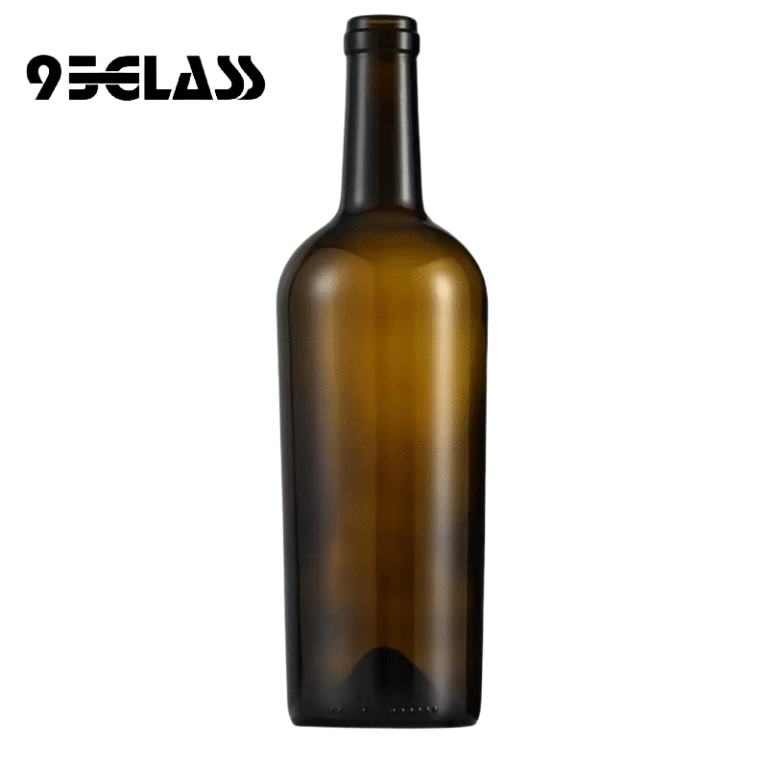 Wine bottle & glass in classic amber Bordeaux style, ideal for aging fine wines.
