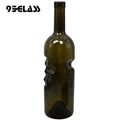 Unique wine bottle glass with artistic wavy side design, ideal for premium wine packaging.