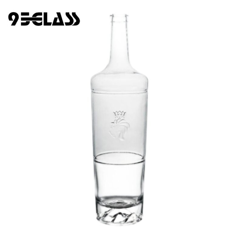 1000ml clear embossed crown rooster flat mouth spirit bottle with tall design, ideal for premium spirits.