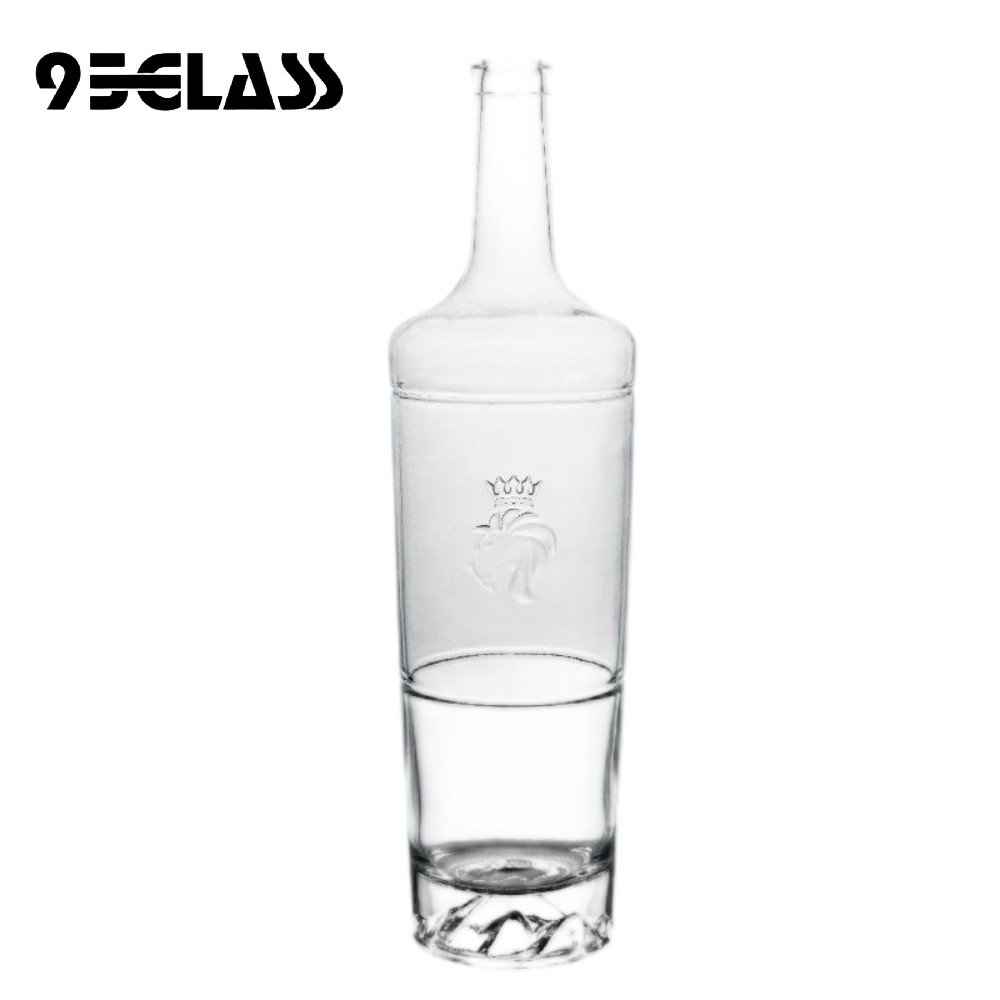 1000ml clear embossed crown rooster flat mouth spirit bottle with tall design, ideal for premium spirits.