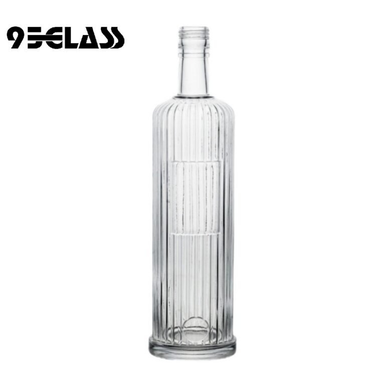 750ml clear ribbed glass spirit bottle with window, perfect for premium liquor packaging.