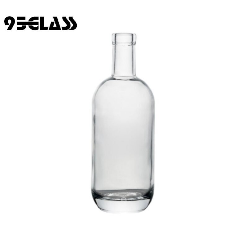 Classic round empty glass bottle with smooth shoulders and thick base for spirits.