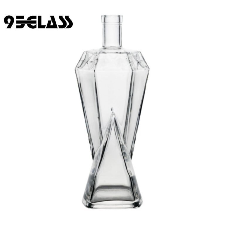 Unique geometric crystal-clear glass liquor bottle for sale, ideal for premium spirits.