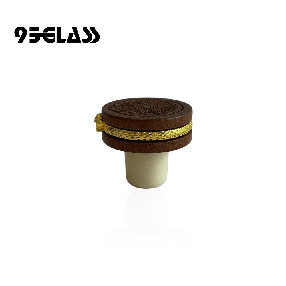 Brown wooden gold band T-top bottle cork, flat-finish compatible; engraved wooden head with synthetic shank.