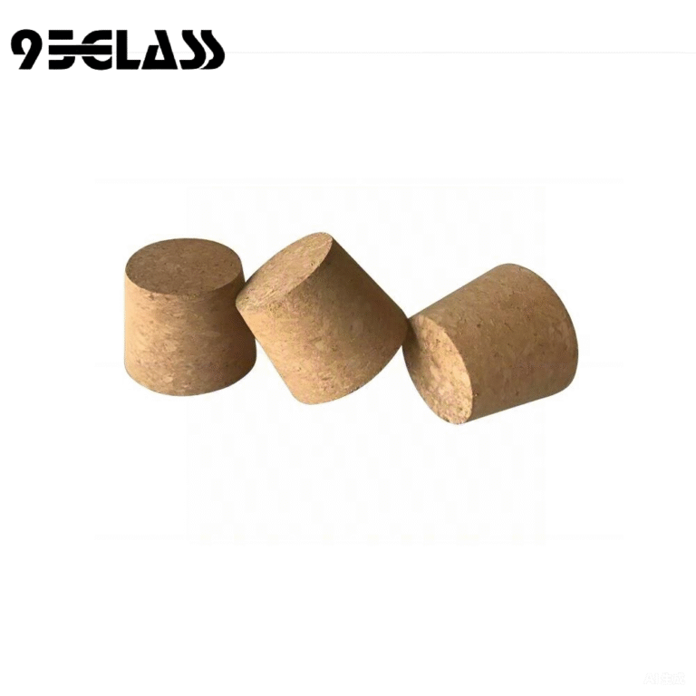 Smooth agglomerated tapered corks with uniform texture for liquor and aroma bottles.
