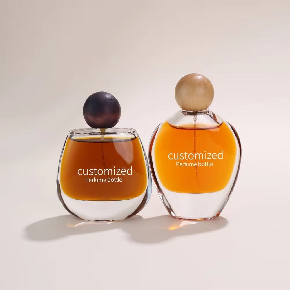Custom round glass perfume bottle 100ml with wooden cap
