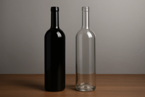 Black vs flint glass bottles side by side in Bordeaux shape on wood, grey backdrop