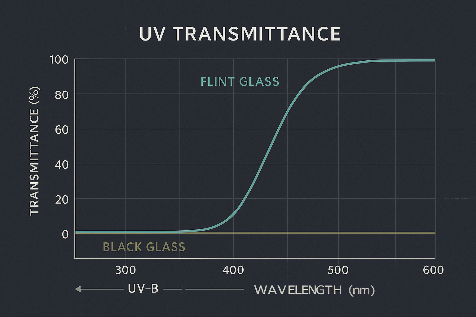 UV transmittance curves showing black glass near zero and flint glass rising across UV–blue wavelengths