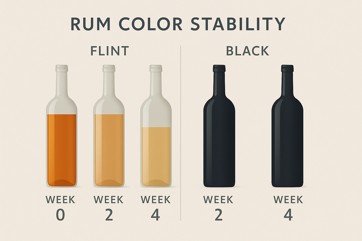 Time-lapse illustration of rum color drifting in flint bottles at week 0, 2, 4 versus black bottles