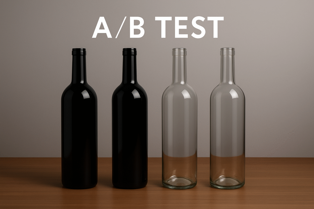 A/B test lineup with two black and two flint Bordeaux bottles on wood under studio light